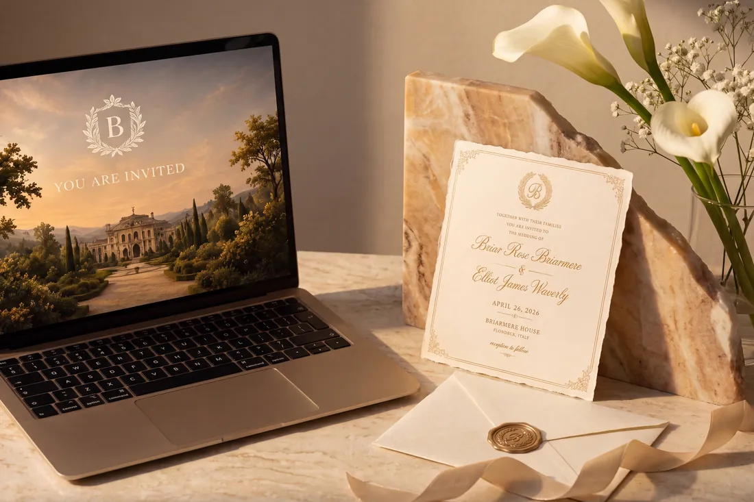 An animated invitation playing on a laptop — the wreathed B monogram over a sunset villa garden and the words You Are Invited — beside the printed invitation propped against honey marble, a wax-sealed envelope, and calla lilies.