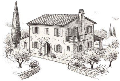 Pencil sketch of a Tuscan farmhouse with cypress