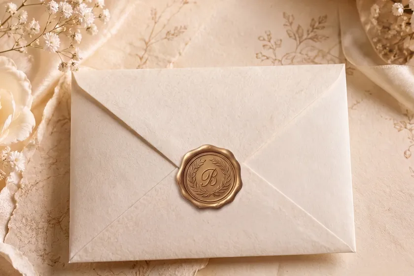 The Reveal film still — a handmade-paper envelope closed with a gold wax seal bearing the wreathed B.