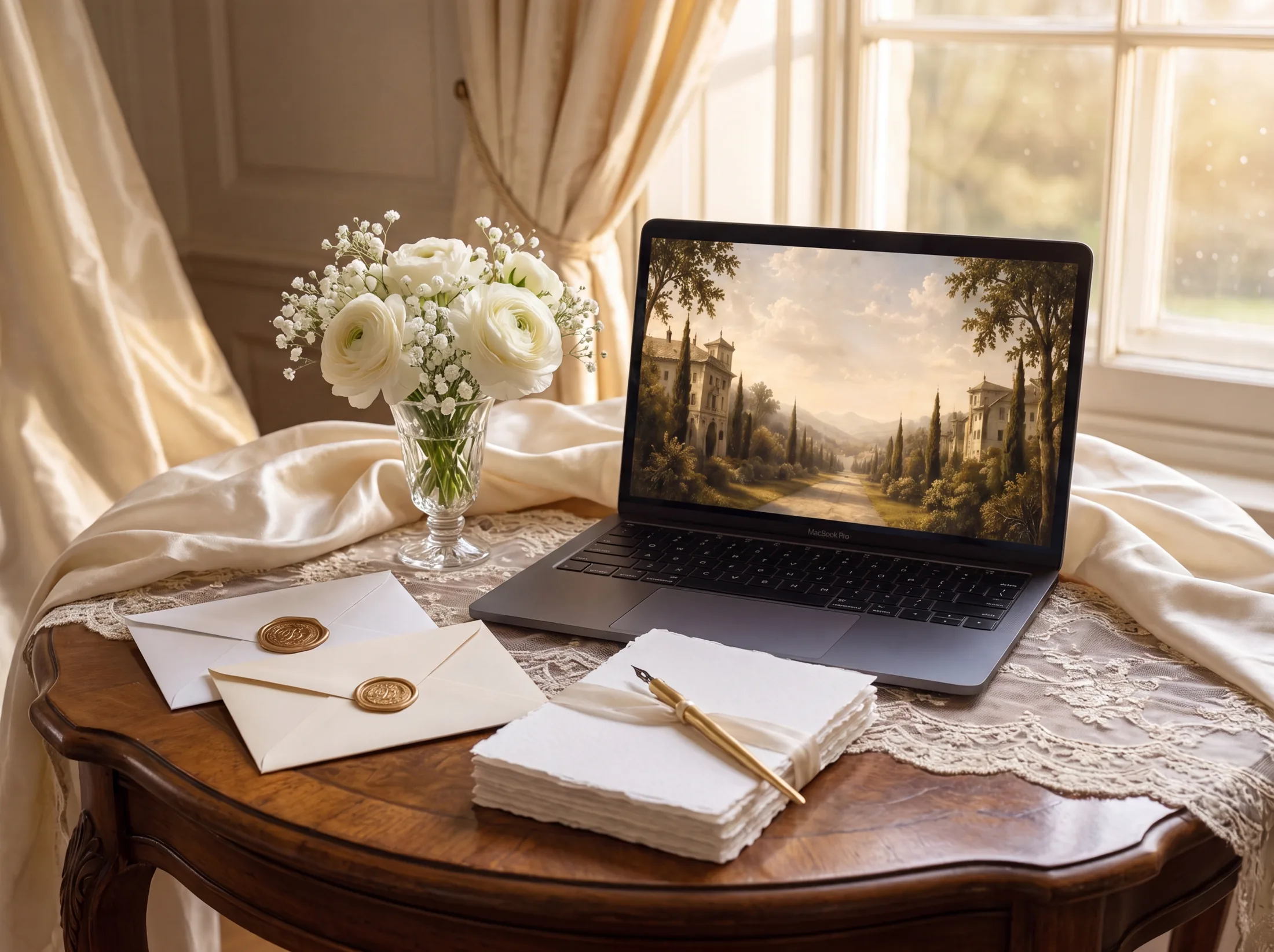 A laptop on an antique writing table displays a sepia painting of a Tuscan villa avenue, beside wax-sealed envelopes, a stack of handmade paper with a gold pen, and white ranunculus in the window light.