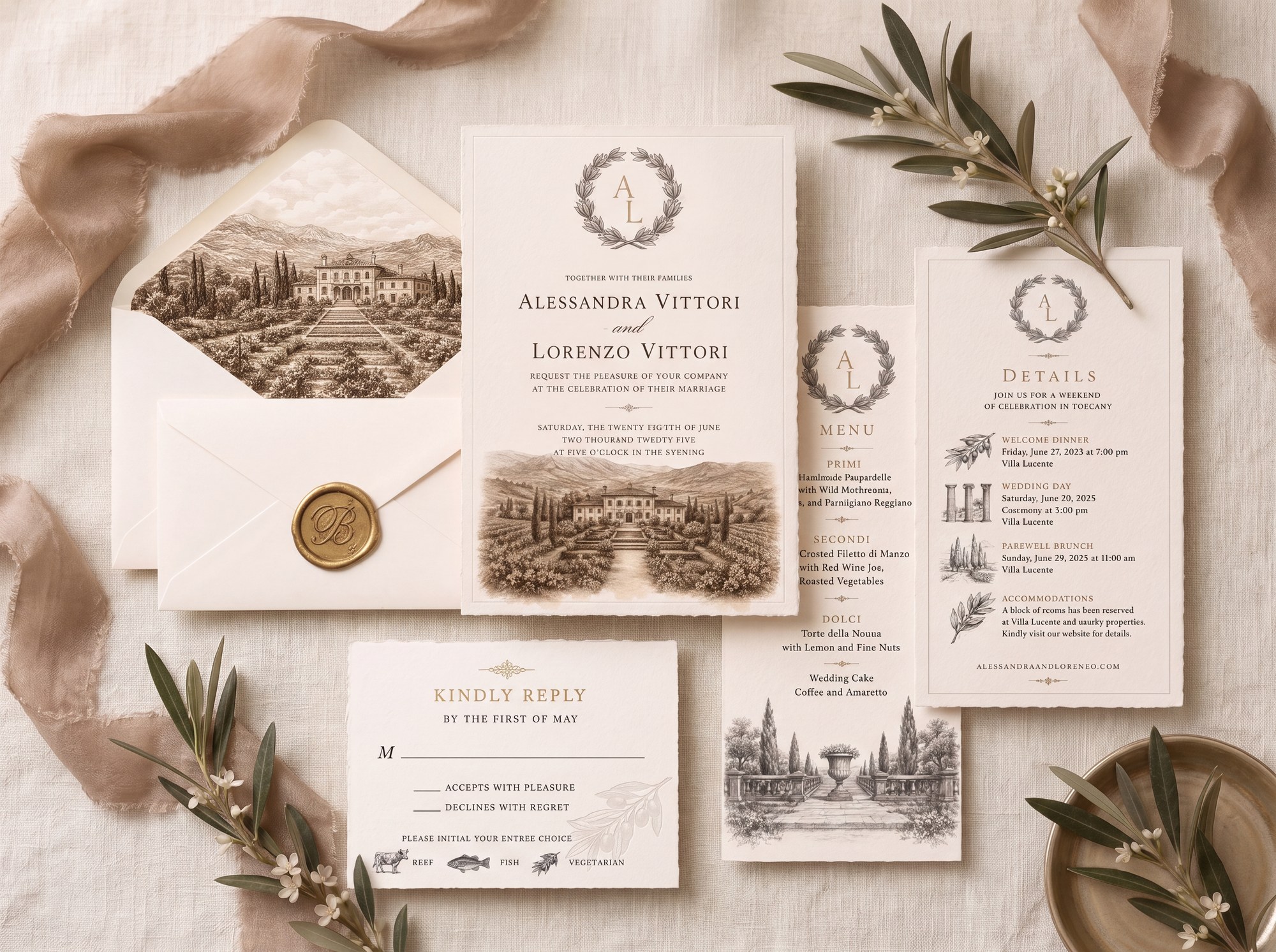 All five pieces arranged together on linen — invitation, lined envelope with wax seal, menu, details card, and reply card among olive sprigs