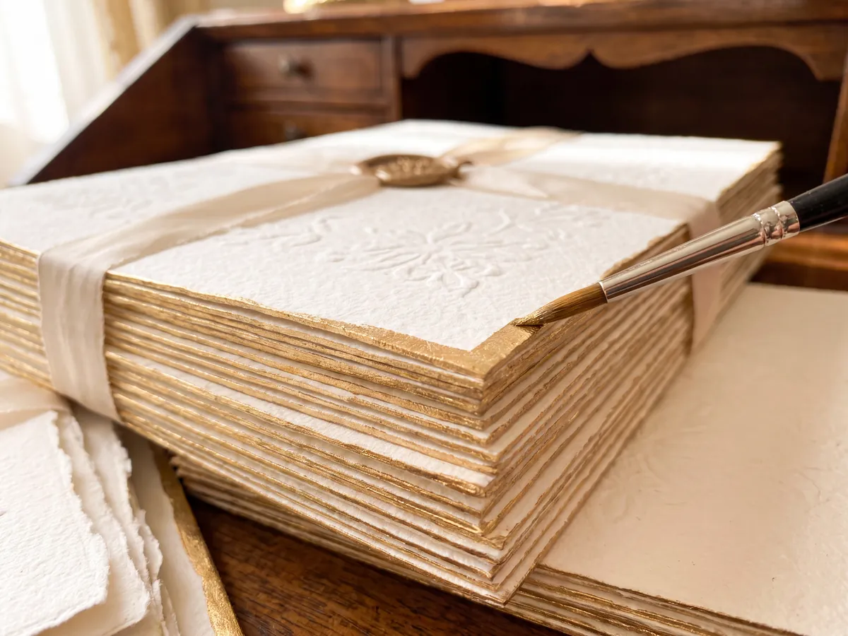Stack of handmade paper with gilded painted edges