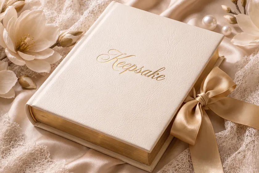 The Keepsake still &mdash; an ivory leather keepsake book with gilded page edges, a champagne ribbon bow, and Keepsake lettered in gold script.