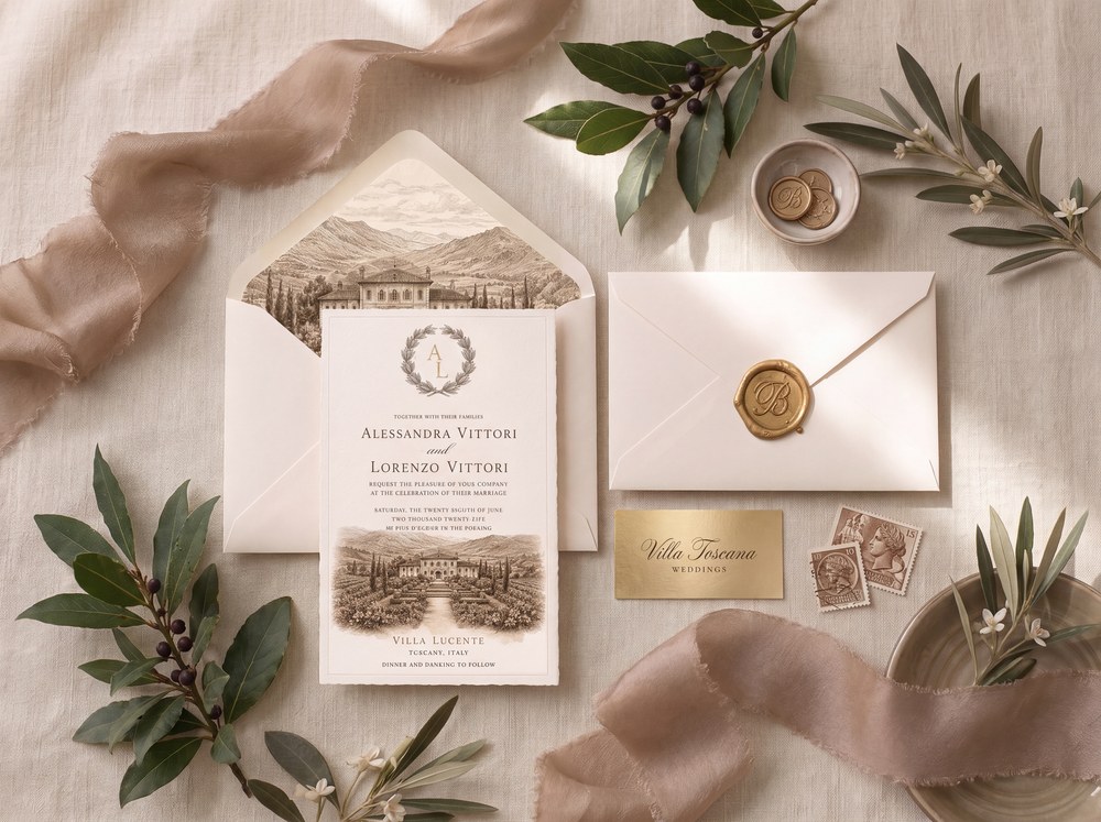 An ivory invitation with envelope, gold wax seals, and olive sprigs arranged on linen