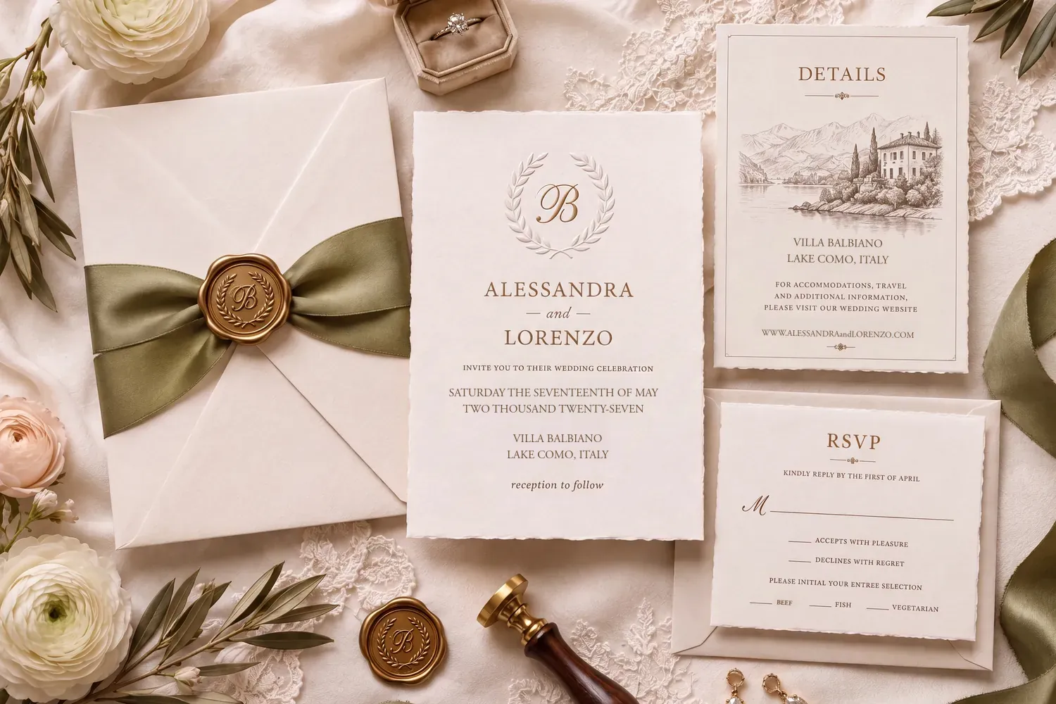 The Essential suite laid out on ivory silk and lace &mdash; the envelope tied with olive ribbon under a gold monogram wax seal, the deckle-edged invitation beneath an embossed laurel B, a details card with a pen-drawn villa above the lake, and a reply card, among ranunculus, olive branches, a ring box, and a brass sealing stamp.