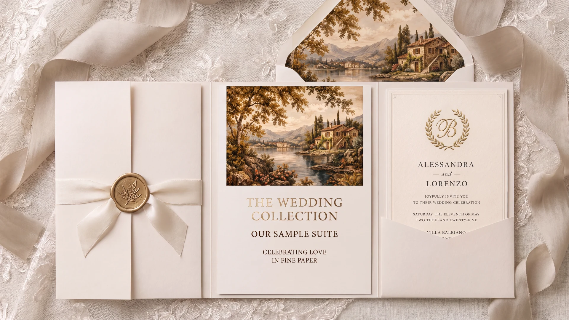The full pocketfold suite laid open across ivory silk and lace &mdash; the cover folded shut under a ribbon and an olive-branch wax seal, the Sample Suite card with its illustrated vista of a stone villa above the lake, the envelope turned back to show the same illustration repeated in its liner, and Alessandra and Lorenzo&rsquo;s crested invitation waiting in the pocket.