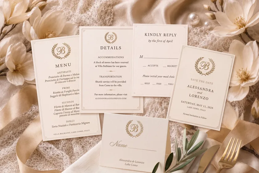 The Suite still &mdash; the full stationery family fanned across silk: menu, details, reply card, save the date, and a place card beside gold cutlery and an olive sprig.