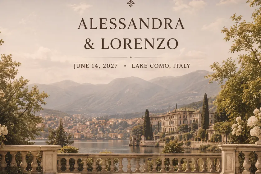 The Welcome still &mdash; the couple’s homepage: Alessandra & Lorenzo over a balustrade view of Lake Como, June 14, 2027.