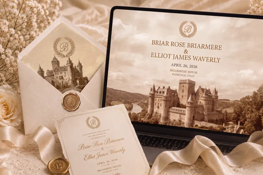 The Arrival film still — the couple’s wedding website on a laptop beside the printed invitation and sealed envelope.
