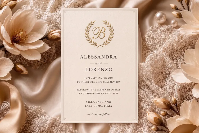 The Invitation still &mdash; the formal invitation card beneath the gold laurel monogram: Alessandra and Lorenzo joyfully invite you, Villa Balbiano, Lake Como, Italy, framed by magnolias and pearls.